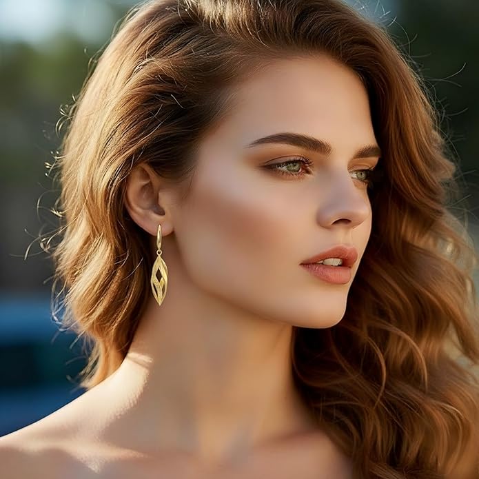 Gold Hoop Earrings 14K Gold Hoop Earrings for Women Dangle Drop Earring for Women Rhombic Twisted Hollow Shape Gold Drop Earring for Womens Dangling 40mm