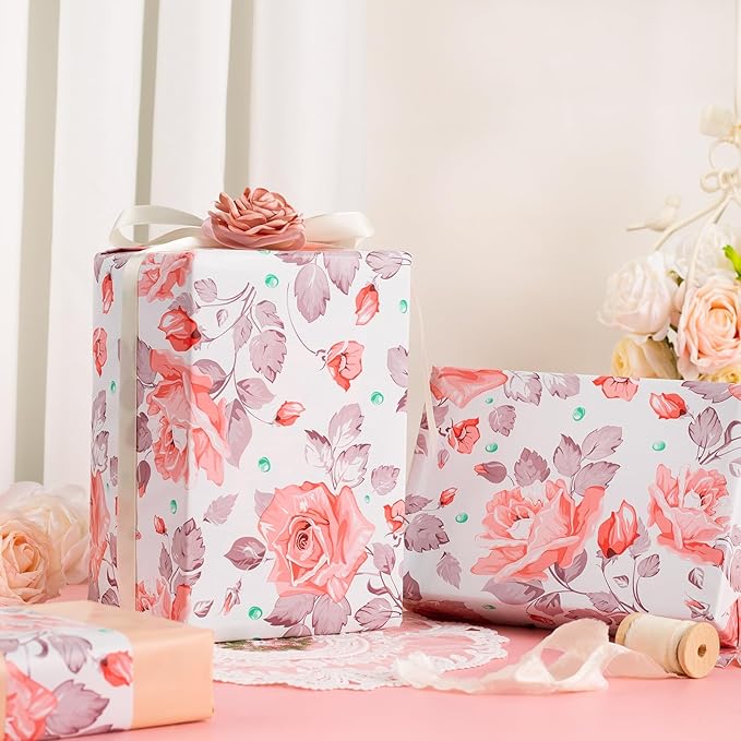 MAYPLUSS Flower Gift Wrapping Paper Roll - 17Inch x 33Feet - Luxury Elegant Floral with Gold Pattern Girl Gift Wrap Present Sheet for Wedding, Bridal Shower, Birthday, Engagement and Mother's Day