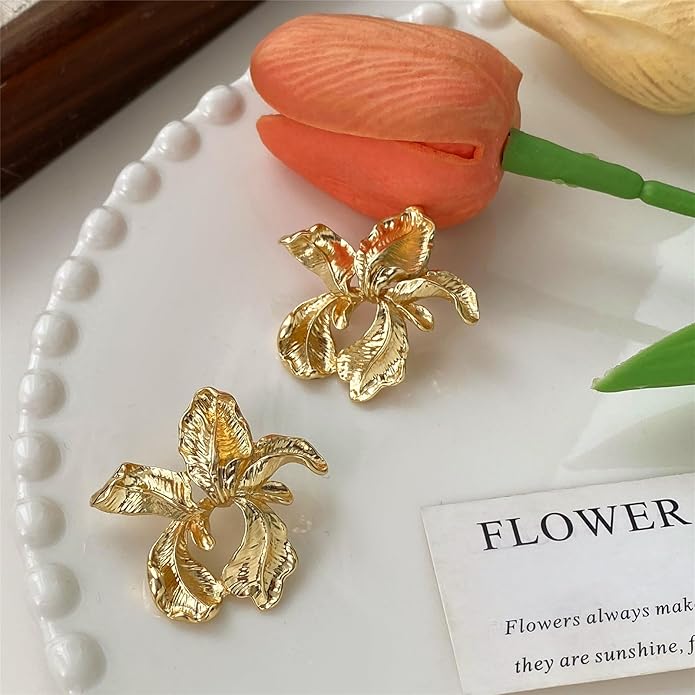 Gold Flower Statement Earrings for Women, Large Chunky Bohomian Summer Beach Floral Earring, Irregular Bold Exaggerated Earrings