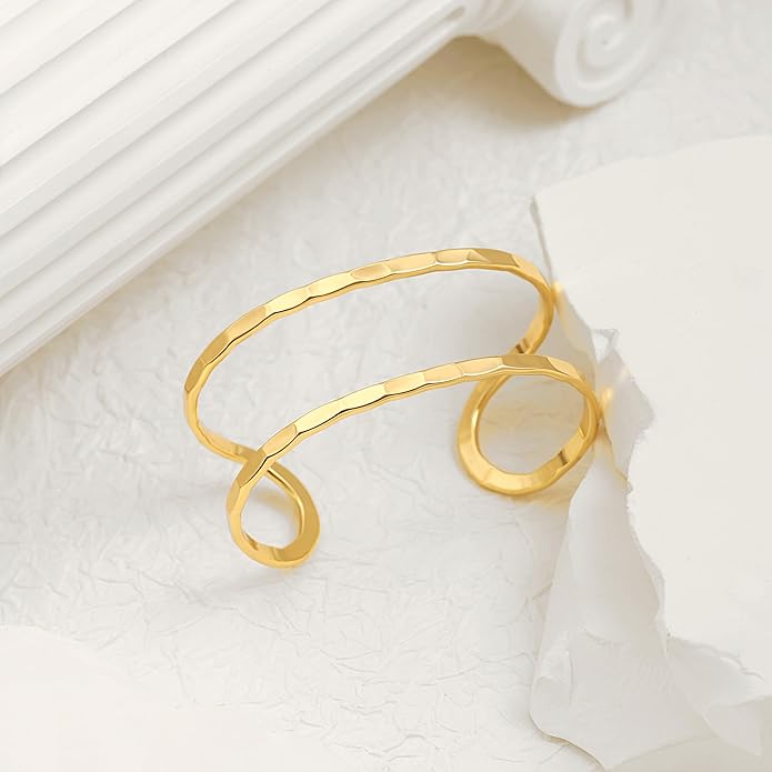 PERNNLA PEARL Dainty Gold Bar Bracelet for Women Simple Delicate Thin Cuff Bangle Hook Bracelet 18K Gold Plated Handmade Minimalist Jewelry