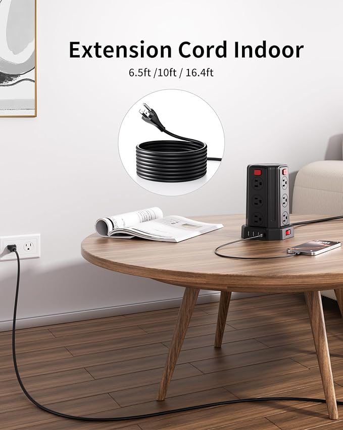 Power Strip Surge Protector, 6.5 Ft Extension Cord with 12 AC Multiple Outlets 4 USB (1 USB C), SMALLRT Power Tower Desktop Charging Station (Black, 6.5 Ft)