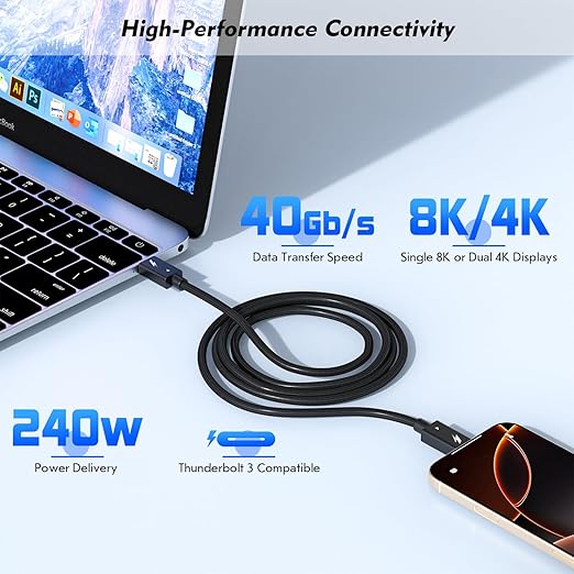 Thunderbolt 4 Cable, 2Pack 6.6FT USB C to C Cable, 240W Fast charging,40Gbps Data Transfer,Supports 8K/4K Displays, USB C charegr cord for iPhone 16 Series, MacBook Air, iPad (Thunderbolt 4-Certified)