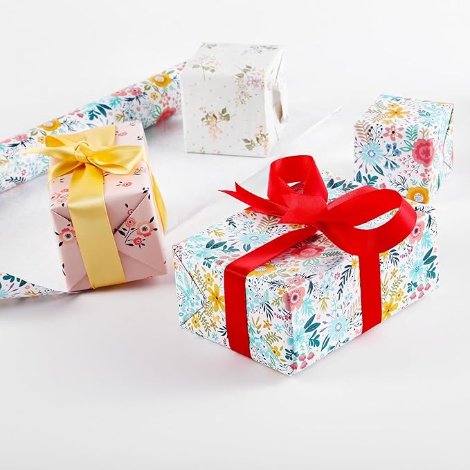 Miss DuiDui Floral Gift Wrapping Paper, 3 Mini Rolls, 17 inch x 9.8 feet, Colorful Flowers Design for Baby Shower Girls Boys Mothers, Holiday, Party, Wedding