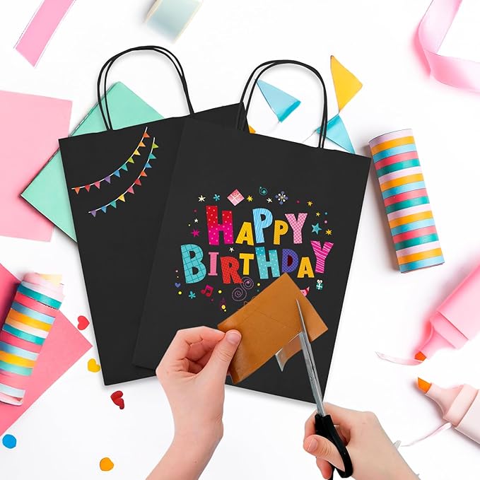 MESHA Gift Paper Bags 12000 PACK 8x4.25x10.5'' Black Medium Shopping Kraft Bags Bulk with Handles Reusable for Business,Grocery,Birthday,Wedding,Kids Party,Favors