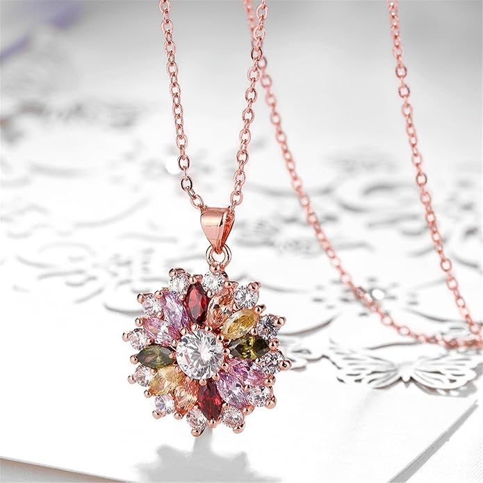 VONSSY Colorful Snowflake Pendant Necklace Earrings Rose Gold 5A Cubic Zirconia | Crystal Sweater Chain | Multi Gemstone Garnet Amethyst Morganite Peridot Prom Rhinestone Necklaces for Women Vintage Stylish Gift