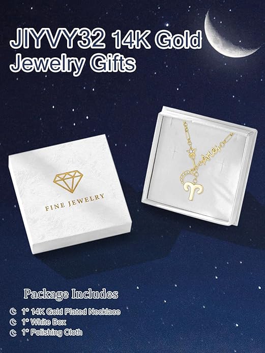 14K Gold/Rose Gold Zodiac Necklace for Women - Horoscope Constellation Pendant with Moon and Star, Luxury Birthday Gifts Jewelry for Her (12 Zodiac Signs)