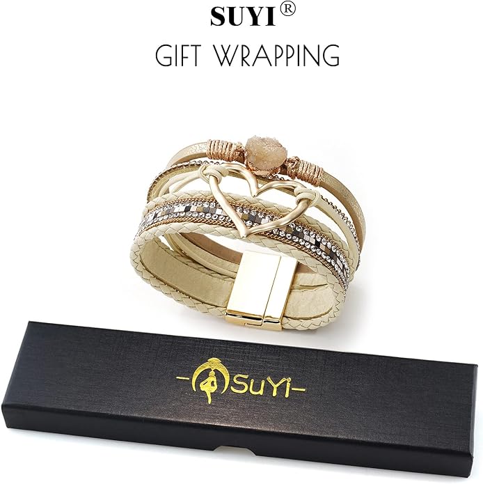Suyi Multilayer Leather Wrap Bracelet Heart-Shape Wide Cuff Bracelets for Women