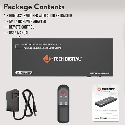 8K HDMI Switch 4 in 1 Out, 8K@60Hz 4K@120Hz 1080P@240Hz with Audio Extraction, HDMI to Optical & Analog 3.5mm, HDR HDCP2.3 EDID Control (JTECH-8KSW41AE)