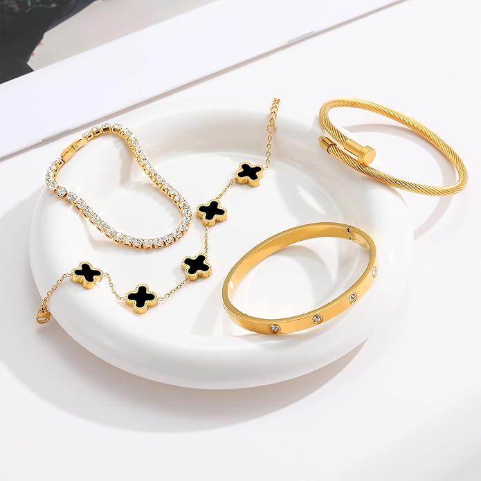 18K Gold Plated Bangle Bracelets Stack for Women,Four Leaf Clover Stackable Bracelets Non Tarnish,4 Pcs Jewelry sets Gifts