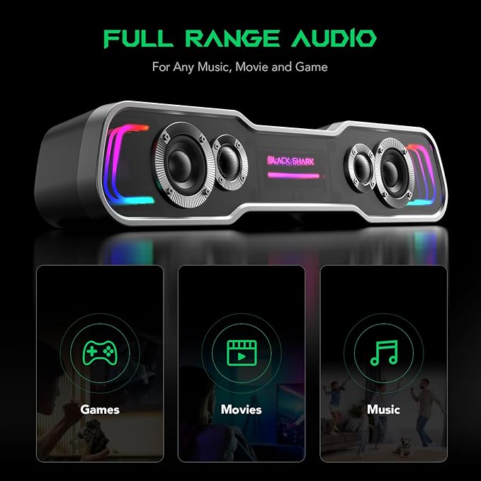 Black Shark BS-SP1 Bluetooth Computer Speakers for Desktop, 5 Colorful Lights Gaming PC Speaker with Stereo Sound, USB C/USB Powered Sound-bar for Computer Desktop PC Monitor Laptop