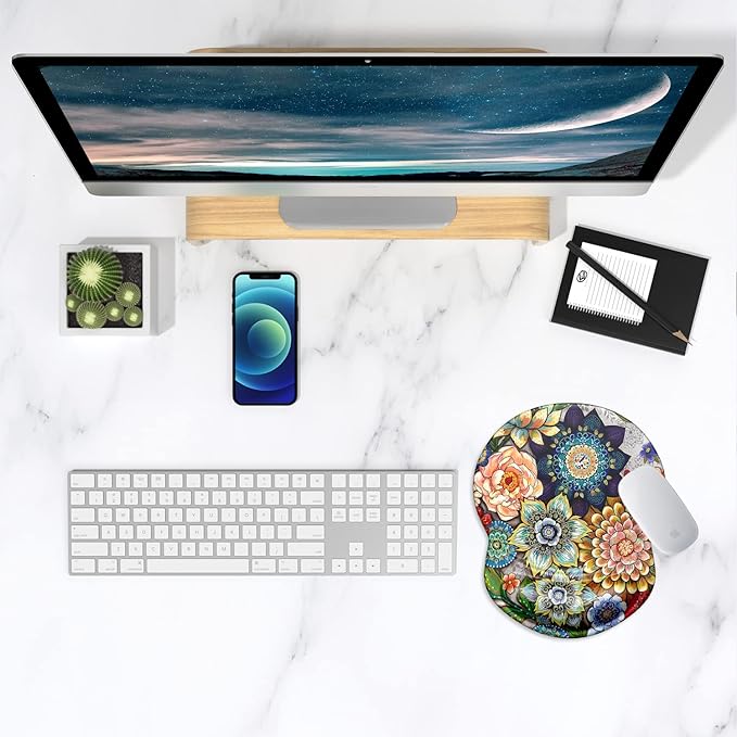 ITNRSIIET Ergonomic Mouse Pad with Gel Wrist Support Small Wrist Rest Smooth Surface Non-Slip PU Base Comfortable Office Supplies Pain Relief, 8.7 x 7.2 inches, Succulent Flower