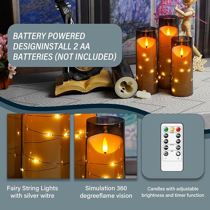 Flameless Candles with Embedded Star String, Battery Operated LED Pillar Candles with Timer and Remote Control,Home Decorating for Ambiance, Set of 9(Grey)
