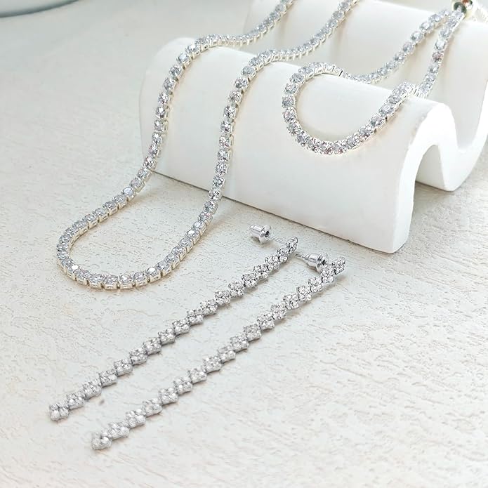 Tennis Necklace Bracelet for Women, Dainty Sterling Sliver Choker Necklace Crystal Link Bracelet Stud Earrings for Women Wedding Jewelry for Bride Jewelry Set Accessories