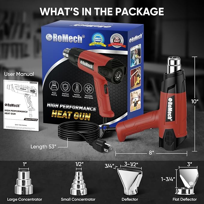 ROMECH 1500W Heavy Duty Heat Gun, Variable Temperature Control Hot Air Gun Kit with 2 Air Flow 120°F~1200°F and 4 Nozzles for Crafts Shrink Wrap (Red)