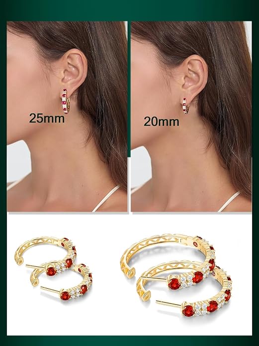 Women's Huggie Hoops with Birthstone 925 Sterling Silver Huggie Stud Hypoallergenic 14K Gold Plated Moissanite Earrings -Emerald Sapphire Ruby Hoop Earrings, Size 20 25mm