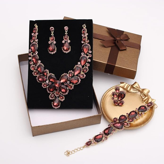 Women's Wedding Bridal Austrian Crystal Glass Teardrop Statement Necklace Dangle Earrings Bracelet Ring Wedding Party Jewelry Set for Bridal Bridesmaid