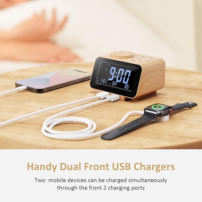 USCCE Digital Alarm Clock Radio - 0-100% Dimmer, Dual Alarm with Weekday/Weekend Mode, 6 Sounds Adjustable Volume, FM Radio w/Sleep Timer, 2 USB Charging Ports, Thermometer, Battery Backup(Wood Grain)