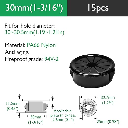 15PCS Cable Grommets, 1-3/16"(30mm) Desk Hole Cover Petal Shaped Buckle Type Nylon Snap Bushing Grommet, Wire Hole Cover Insert for Cables and Cords Management and Protection of Cabinet, Black
