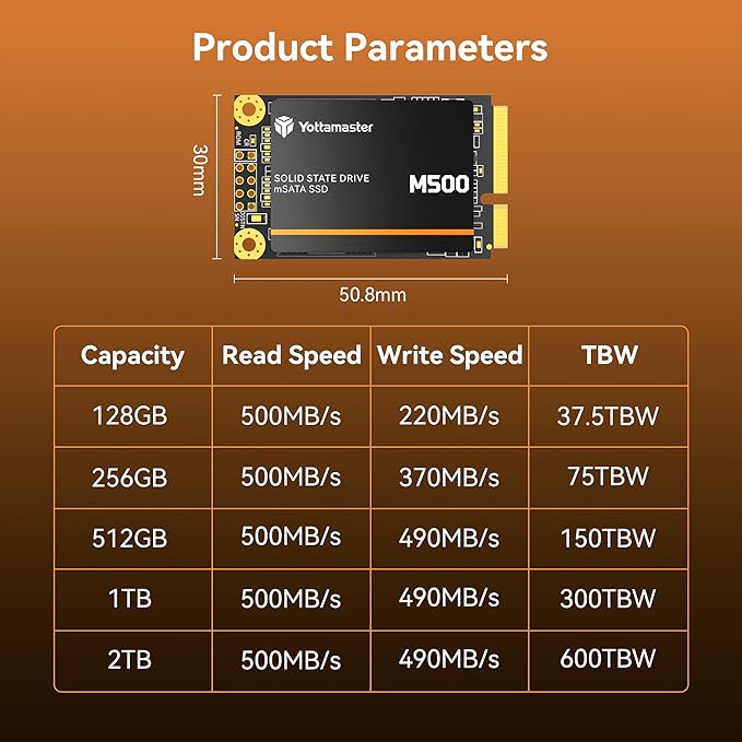 Yottamaster M500 256GB mSATA SSD SATA III 6Gb/s, mSATA Internal Solid State Drive Up to 500MB/s, Mini-SATA with 3D NAND, Compatible with Ultrabooks Desktop PC Laptop, All-in-One PCs, 30x50mm