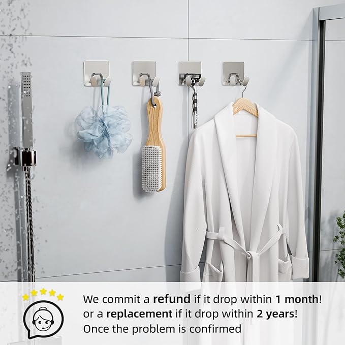 Shower Hooks for Inside Shower - Extra Sticky Stainless, Razor Holder Accessories, Wall Mounted Self-Adhesive Double Hooks for Razor, Loofah, Towel, Shaver, Coat, Key, Silver 6 Pack
