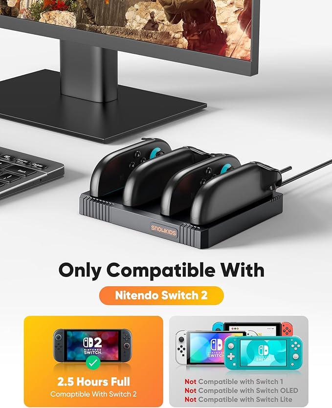Snowkids Charging Dock Compatible for Nintendo Switch 2 Joy-Con Controllers - Simultaneous Fast Charger Station, Magnetic, Reversible Connection, Overcharge Protection & LED Indicators