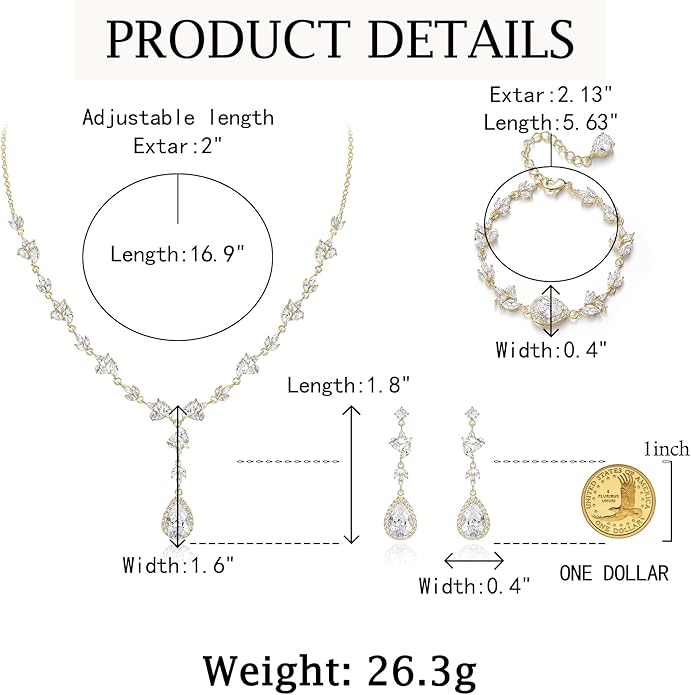 Crysdue Teardrop Bridal Jewelry Set for Wedding Party, Silver/14K/Rose Gold Plated Prom Costume Jewellery for Bride Bridesmaids Women, Cubic Zirconia Necklace Dangle Earrings Bracelet