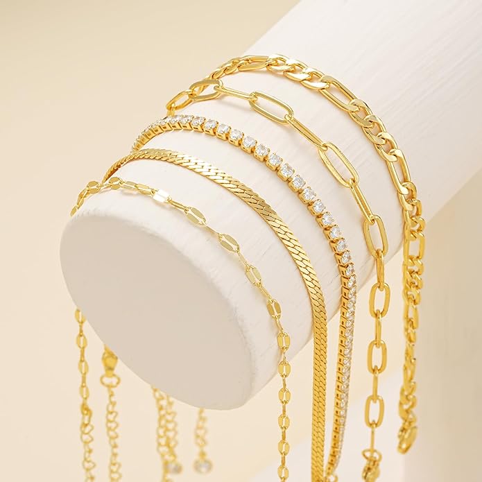 iF YOU Gold Ankle Bracelets for Women, 14k Gold Plated Waterproof Cuban Link Chain Anklets Set, Layered Anklet Bracelets for Women Beach Gift Adjustable Size 5pc