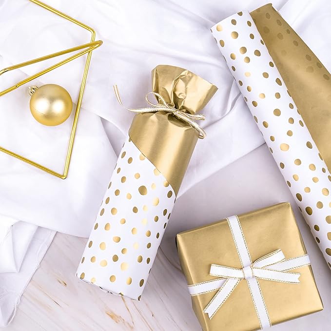 WRAPAHOLIC Reversible Wrapping Paper - Mini Roll - 17 Inch X 33 Feet - Gold Print and Delicate Polka Dots Design for Birthday, Christmas, Wedding, Baby Shower