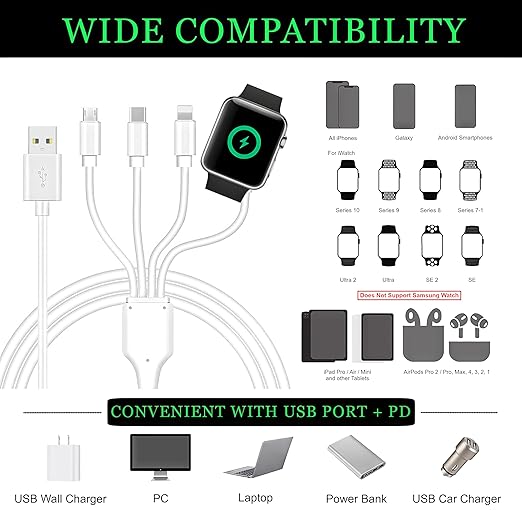 4 in 1 Watch & Phone Charger Cable, Multi Charging Cord, Fast Magnetic Cable USB Type C for Apple Watch, iPhone, Pods, Android & More / 3.3ft
