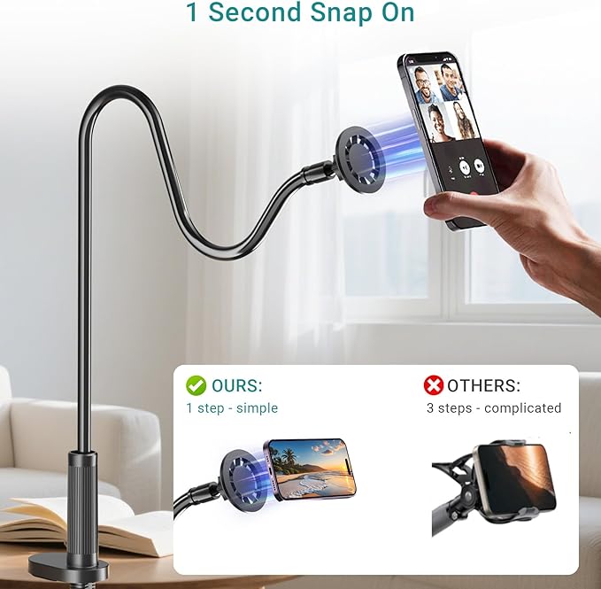 Gooseneck Phone Holder for Bed, Magnetic Cell Phone Stand for iPhone 16 15 14 13 12 Pro Max Plus Mini, Flexible Long Arm Mount 360 Adjustable for Desk Bedside Filming