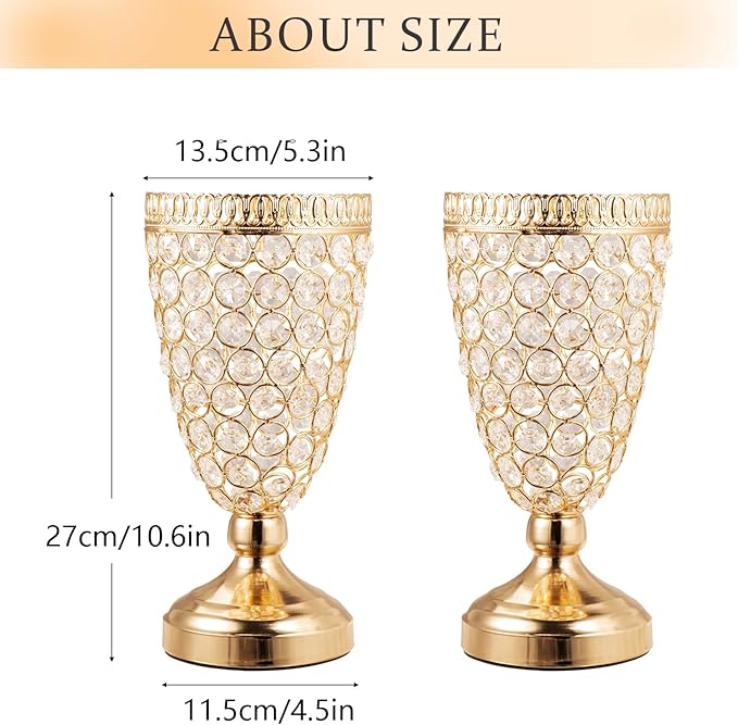 Gold Crystal Trumpet Floral Vase -2 Pcs Centerpieces for Wedding Table, 10.6" Wrought Iron Crystal Vase, Flower Vases for Party Dinner Centerpiece Event, Anniversary Ceremony Birthday Home Decoration