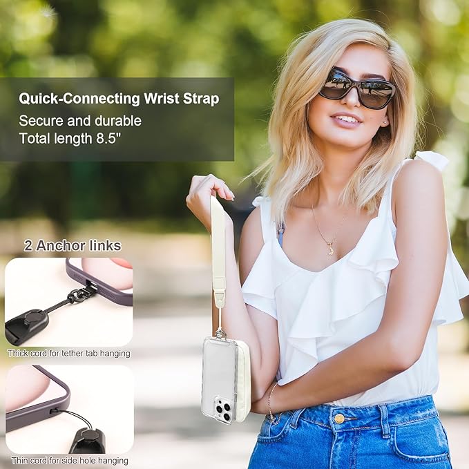 Clip and Go Strap for Phone with Wallet Crossbody, Adjustable Phone Lanyard with Detachable RFID Wristlet Wallet & Ultra-Thin 360° Rotatable Metal Tabs for All Smartphones (Cream)