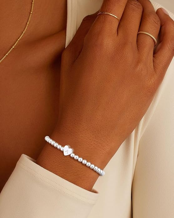 Valentines Day Gifts for Women Her - Dainty Beaded Heart Initial Bracelets Letter A-Z Charm Stretch Bead Ball Bracelet Trendy Jewelry Gifts