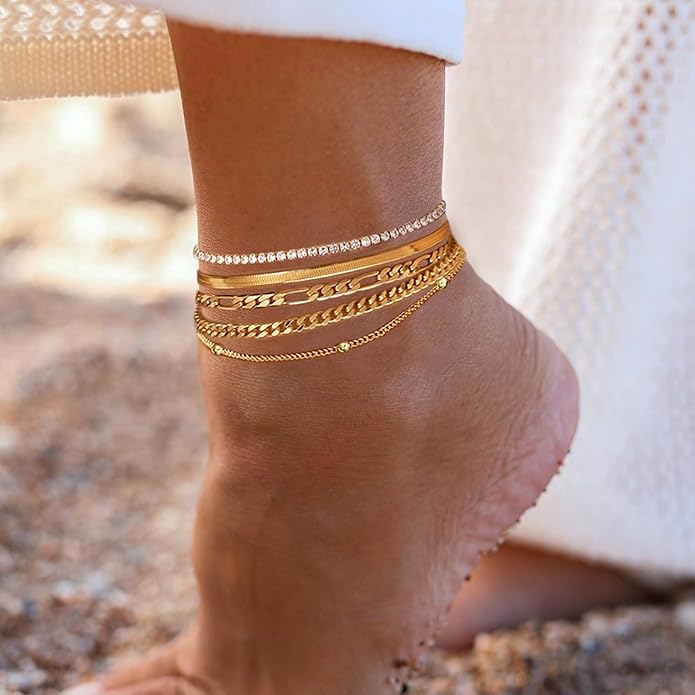 Gold Ankle Bracelets for Women,14k Gold Plated Anklets Waterproof Cuban Link Tennis Herringbone Beaded Chain Anklets Set Layered Anklet Bracelets for Women Adjustable Summer Beach Jewelry 5pcs