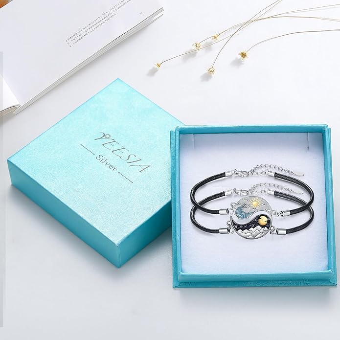 Yin Yang Bracelet 925 Sterling Silver Couple Friendship Bracelets Tree of Life/Sun Moon/Mountain/Lotus Abalone Jewelry for Women Men Couples, Leather Cord 7+2 in