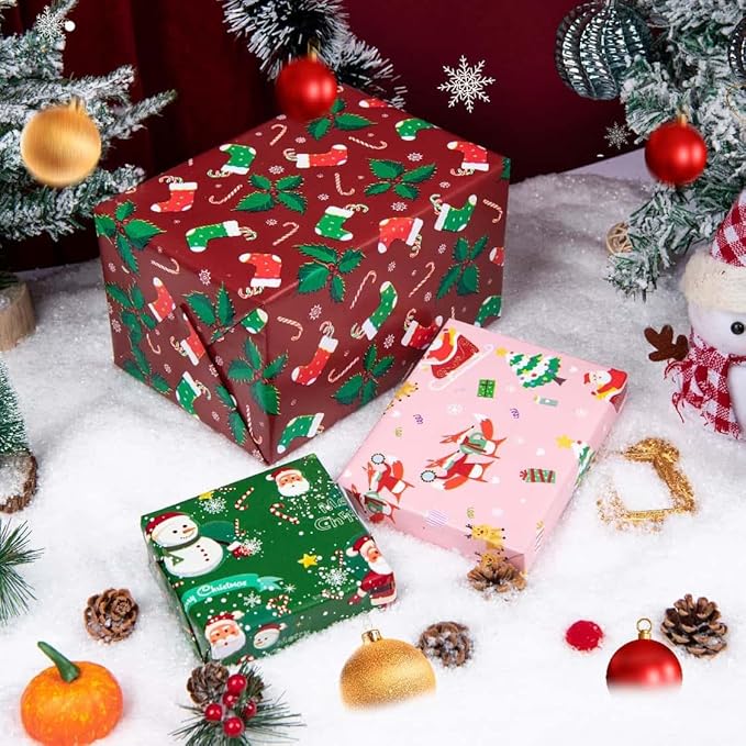 Christmas Wrapping Paper Roll-Pink/Red/Green Wrapping Paper- 3 Large Roll - 27 Inch X 6.5 Feet each roll Design for Holiday, Party, Celebration (Christmas Pink/Red/Green(007))