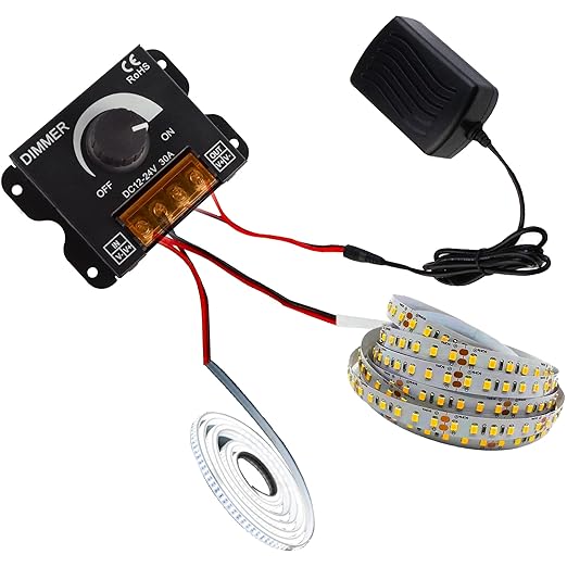MEIRIYFA LED Light Strip Dimmer,DC 12V-24V 30A LED Light Strip Dimmer PWM Dimming Controller with ON/Off Switch Knob and Aluminum Case for 5050 3528 LED Strip Lights Adjust Brightness