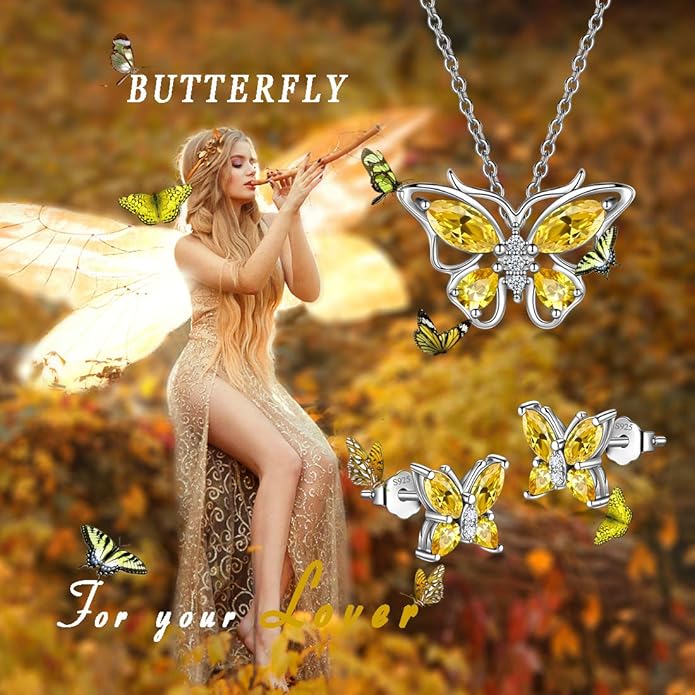 925 Sterling Silver Birthstone Butterfly Jewelry Women Crystal Animal Cute Butterflies Birthday Necklace/Earring/Ring/Bracelet Sets Birth Stone Statement Anniversary Jewellery
