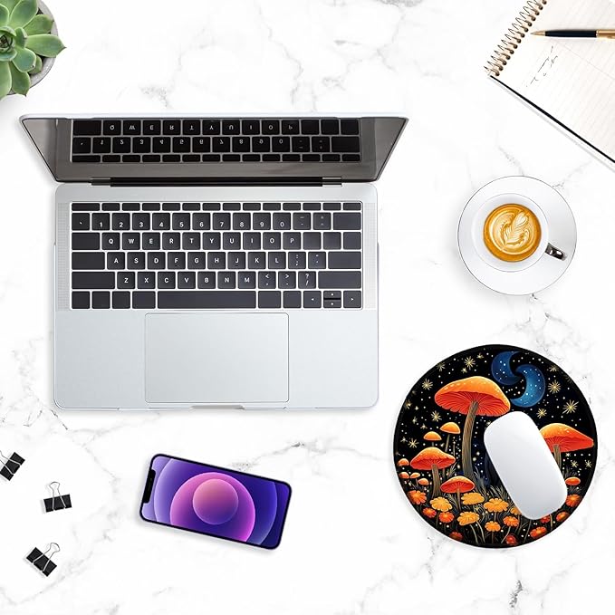 ITNRSIIET Round Mouse Pad with Stitched Edge Premium-Textured Waterproof Non-Slip Rubber Base Desktop Protection Mat Diameter 8.7 inches, Cat and Mushroom