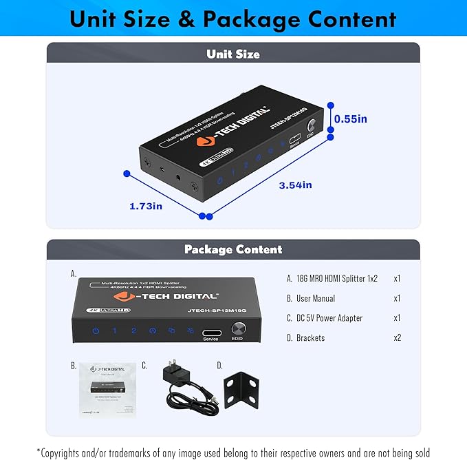 J-Tech Digital HDMI Splitter 1 in 2 Out 4K@60Hz, 1x2 HDMI Splitter for Duplicate/Mirror Screen 4K to 1080P Downscaling Function 3 EDID Settings (JTECH-SP12M18G)