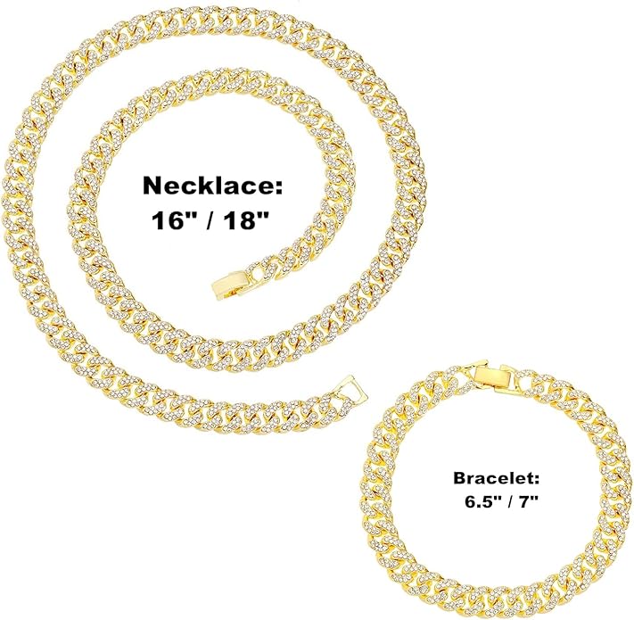 HH BLING EMPIRE 14k Gold/Silver Cuban Link Chain for Women Iced Out Diamond Chunky Cuban Link Necklace Chain Bracelet 2pcs Sets