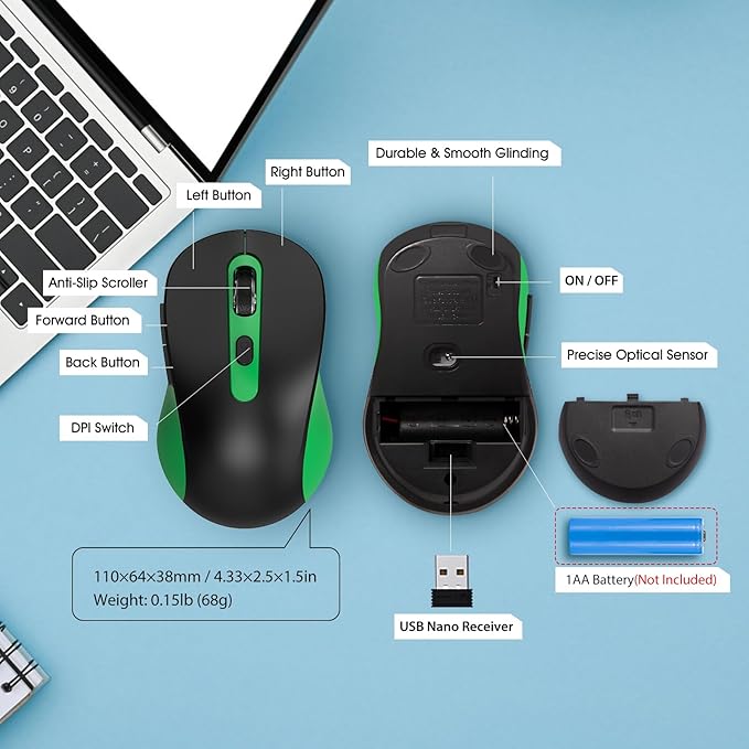 Wireless Mouse for Laptop, PC, Chromebook, Mac, MacBook, Silent Wireless Mouse with USB Nano Receiver, Side Button, 2400 DPI, Anti Slip Roller, 6 Button Ergonomics Cordless Computer Mice - Black Green