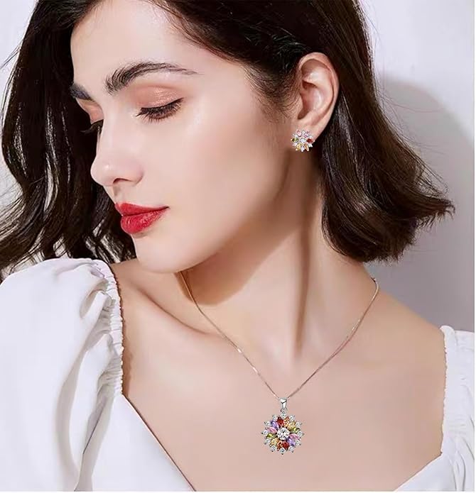VONSSY Colorful Snowflake Pendant Necklace Earrings Rose Gold 5A Cubic Zirconia | Crystal Sweater Chain | Multi Gemstone Garnet Amethyst Morganite Peridot Prom Rhinestone Necklaces for Women Vintage Stylish Gift