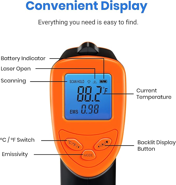 Etekcity Infrared Thermometer 1080, Heat Temperature Temp Gun for Cooking, Laser IR Surface Tool for Pizza Oven, Meat, Griddle, Grill, HVAC, Engine, Accessories, -58°F to 1130°F, Orange