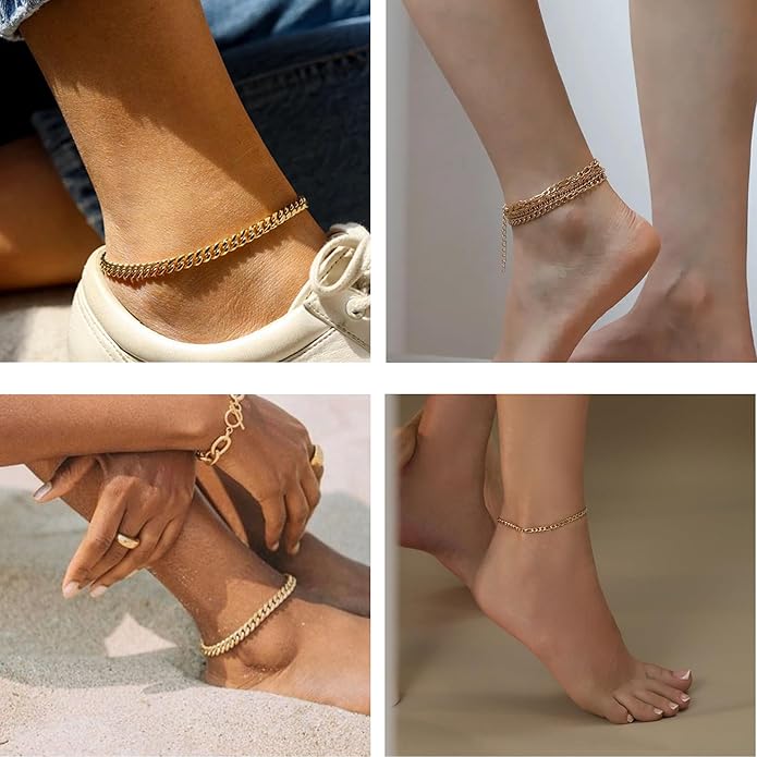 iF YOU Gold Ankle Bracelets for Women, 14k Gold Plated Waterproof Cuban Link Chain Anklets Set, Layered Anklet Bracelets for Women Beach Gift Adjustable Size 5pc