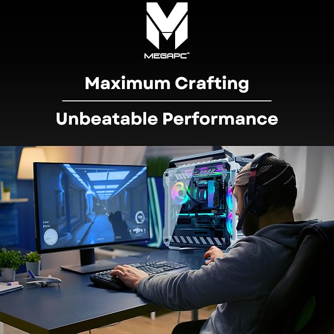 MegaPC Mino Open-Frame ATX Gaming Case – Industrial Design, Tempered Glass Panels, High Airflow, ARGB Lighting, USB-C Port (Black/White/Print Stream, with Fans Only)