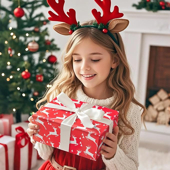 WRAPAHOLIC 30 Inch Jumbo Reversible Red Christmas Wrapping Paper - 30 Inch x 100 Feet Jumbo Roll Reindeer Wrapping Paper and Solid Red Design with Metallic Foil Shine for Christmas, Holiday, Party