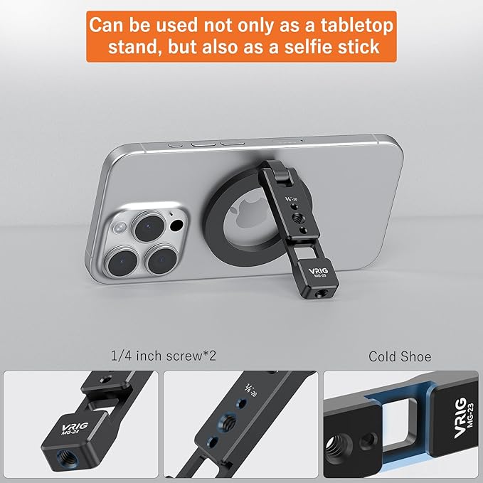 VRIG Magnetic Phone Holder Compatible with Magsafe for iPhone 16 15 14 13 12 Pro Max Plus Series,Aluminum Tripod Mount Adapter with 1/4”-20 & Cold Shoe for Video Recording