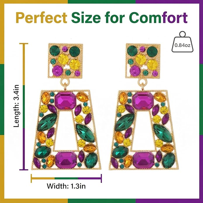 Rhinestone Rectangle Statement Earrings Colorful Crystal Geometric Drop Dangle Earrings for Women Prom Party