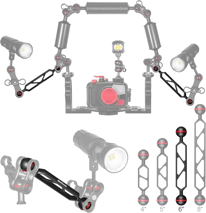 MINIFOCUS 6" Double Ball Aluminum Extension Arm, 1" Ball Head Connector Underwater CNC Arm System Ball Head Extension for Strobe/Video Light/Diving Camera Tray, Waterproof and Rustproof (2pack)